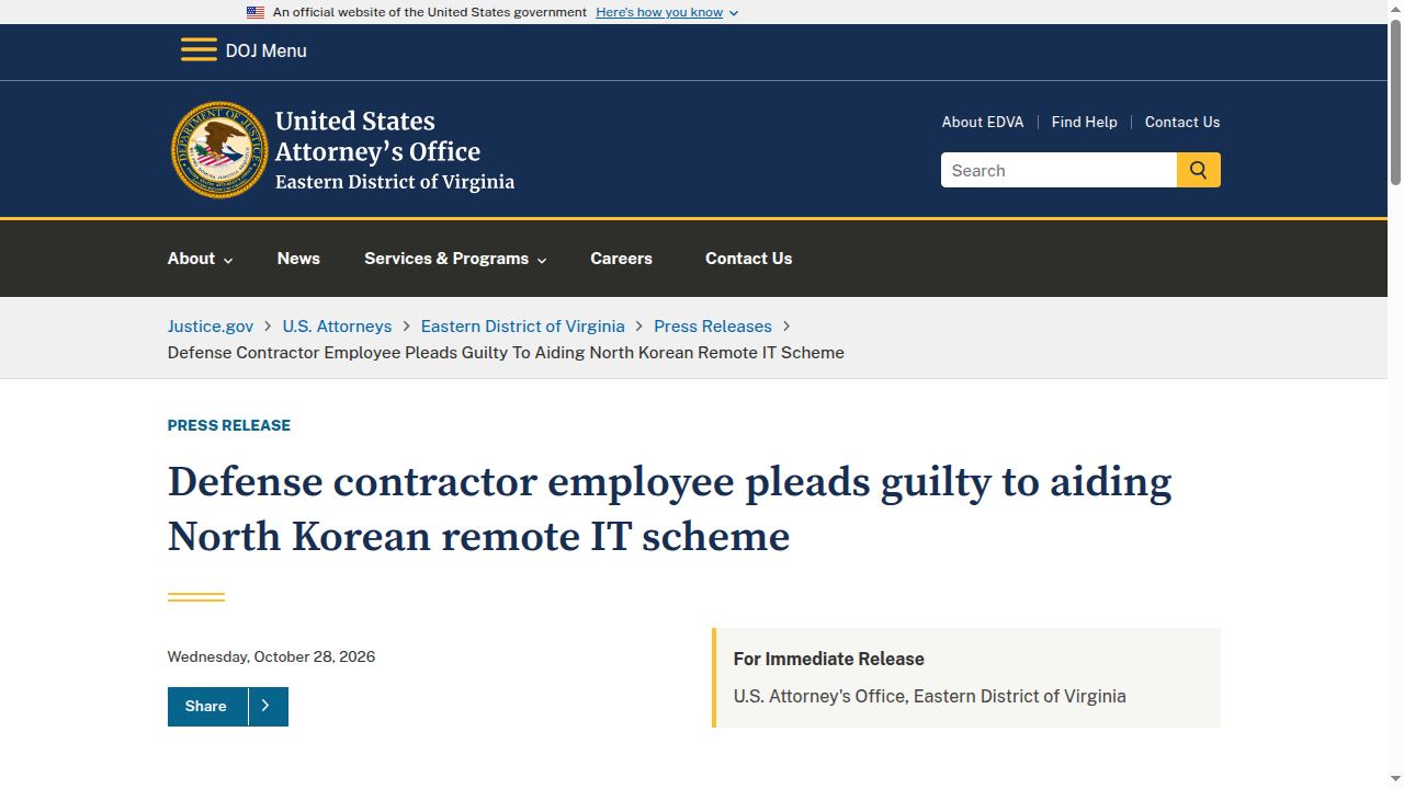 Thumbnail for Defense contractor employee pleads guilty to aiding North Korean remote IT scheme